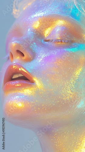 Close-up portrait of a woman with iridescent, translucent, soapy skin, oily texture, vibrant pastel makeup, soft glow artwork