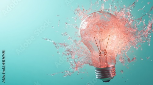 A shattered light bulb bursts with vibrant energy against a teal backdrop, capturing the moment of creativity and inspiration