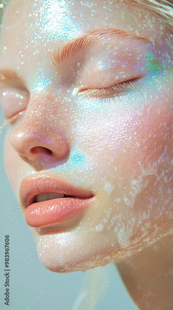 Close-up portrait of a woman with iridescent, translucent, soapy skin, oily texture, vibrant pastel makeup, soft glow artwork Close-up portrait of a woman with iridescent, translucent, soapy skin, oily texture, vibrant pastel makeup, soft glow artwork