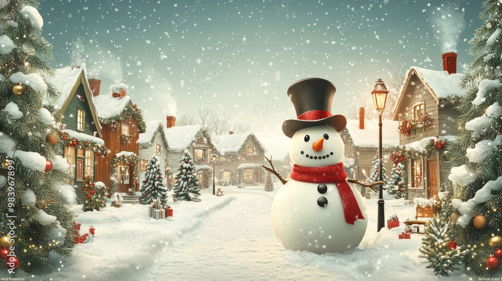 Obraz premium A festive winter village filled with cheerful decorations, children playing, and snow gently falling as families gather around beautifully lit holiday displays