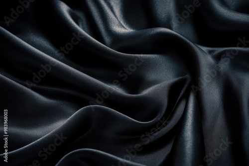 A close-up of black silk fabric with smooth, flowing folds. The texture is soft and shiny,