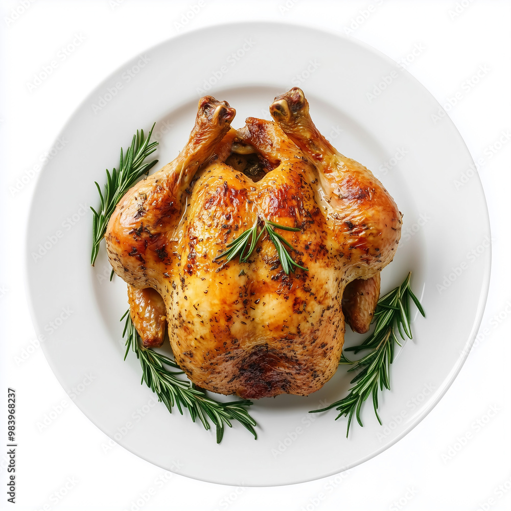 Roasted turkey on a white plate with rosemary on white background, top view Roasted turkey on a white plate with rosemary on white background, top view