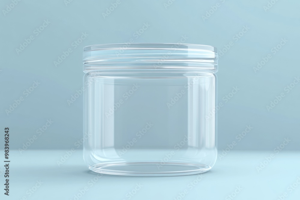 Transparent container with metal lid on a blue background. Used for storing food or decorative purposes. Transparent container with metal lid on a blue background. Used for storing food or decorative purposes.