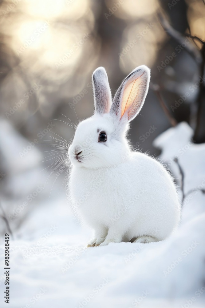 Cute white rabbit sitting in snow, ears standing up. Animals, nature, seasonal scene. Cute white rabbit sitting in snow, ears standing up. Animals, nature, seasonal scene.