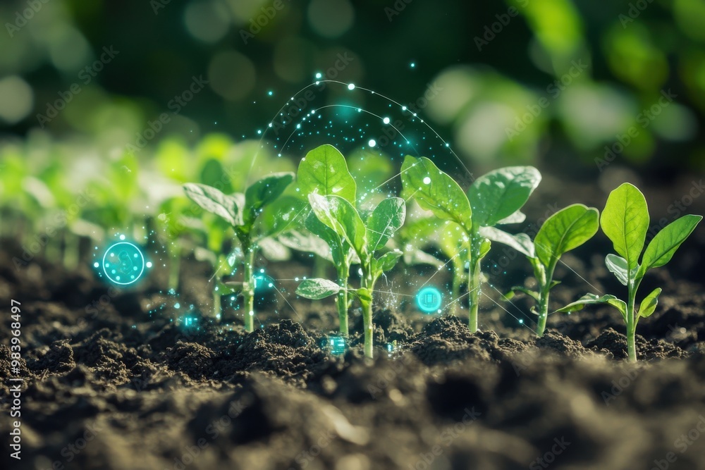 A close-up of young plants growing in rich soil, with digital graphics showing data points A close-up of young plants growing in rich soil, with digital graphics showing data points