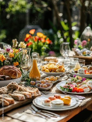 Colorful outdoor picnic spread with a variety of food, wine, and flowers.