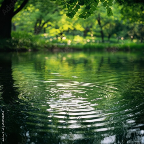 A tranquil forest lake at dawn with gentle ripples reflecting the lush greenery surrounding the water and creating a peaceful atmosphere