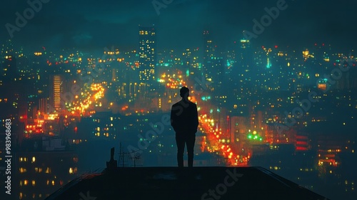 A silhouette of a man standing on a mountain edge during sunset, contemplating the vast view of the valley below and the beauty of nature around him