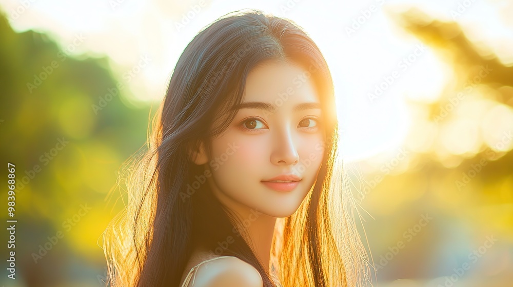 Beautiful young woman standing outdoors looking at camera with sunlight in the background Beautiful young woman standing outdoors looking at camera with sunlight in the background
