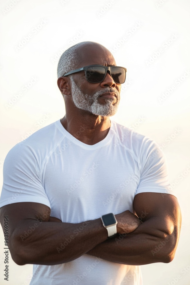 Naklejka premium A man exudes confidence with his wide stance, firm grip on his jawline, and cool demeanor. He is dressed in athletic wear suitable for exercise or a fit lifestyle.