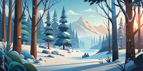 Winter forest lanscape. Trees, bushes and snow.  Vector flat cartoon style.