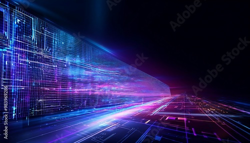 Futuristic Digital Highway with Vibrant Neon Lights and Grid Pattern photo