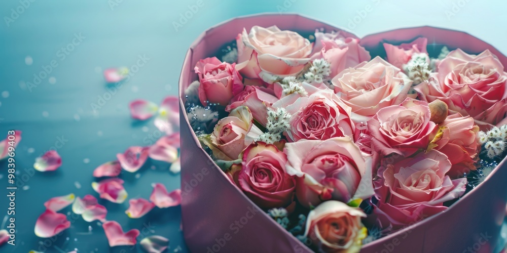 Fototapeta premium Close-up of a bouquet of pink roses with flower petals falling around them in a heart-shaped box, symbolizing love and romance.