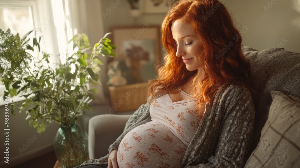 A woman with vibrant red hair relaxes on a cozy couch in her stylish living room during a sunny afternoon at home, savoring a moment of tranquility A woman with vibrant red hair relaxes on a cozy couch in her stylish living room during a sunny afternoon at home, savoring a moment of tranquility