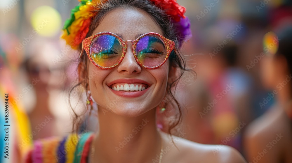 A woman smiles joyfully at a colorful pride parade, adorned in vibrant accessories, celebrating love and diversity with friends in a lively urban setting during the summer A woman smiles joyfully at a colorful pride parade, adorned in vibrant accessories, celebrating love and diversity with friends in a lively urban setting during the summer