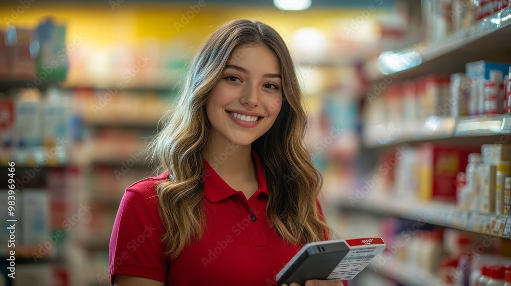 A young female worker in a red polo smiles while holding a device and standing in a grocery store aisle filled with various products during daylight A young female worker in a red polo smiles while holding a device and standing in a grocery store aisle filled with various products during daylight