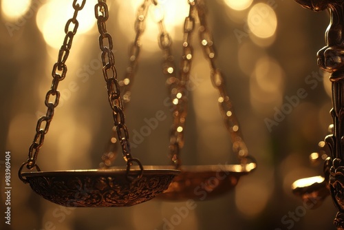 A close-up view of the scales held by Lady Justice, bathed in warm lighting.