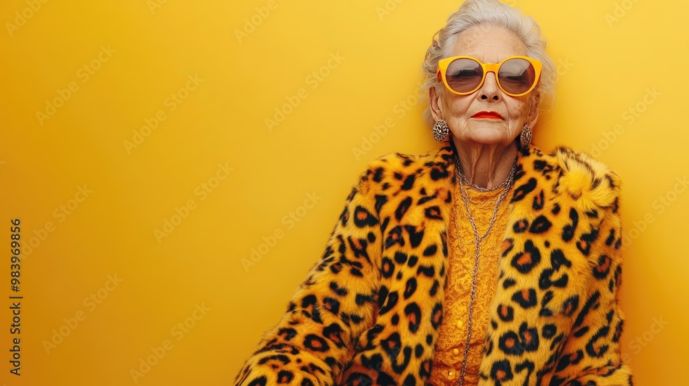 Senior Woman Wearing Leopard Print Coat and Sunglasses Against Yellow Background Senior Woman Wearing Leopard Print Coat and Sunglasses Against Yellow Background