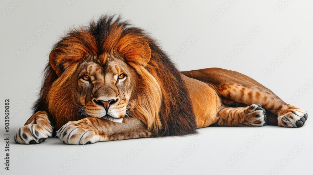Obraz premium A majestic lion stands proudly against a white background, showcasing its powerful presence and regal stature in a natural habitat captured in high detail