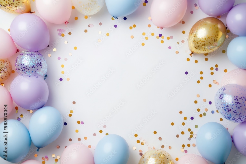 A collection of pastel-colored balloons pink, blue, purple, and gold arranged in a semi-circle A collection of pastel-colored balloons pink, blue, purple, and gold arranged in a semi-circle