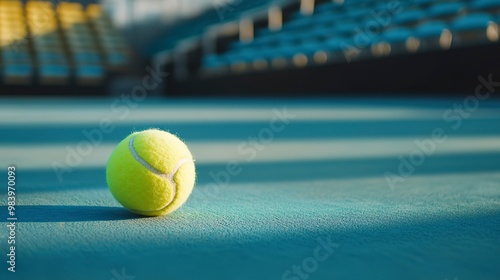 Close up Tennis ball with on the court with copy space. Background for banner, flyer, advertisement. Empty tribune on the tennis court. 