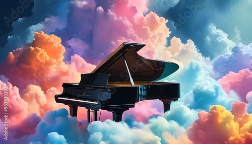 Majestic black grand piano surrounded by surreal colorful clouds in an ethereal dreamscape, evoking a whimsical musical fantasy scene photo