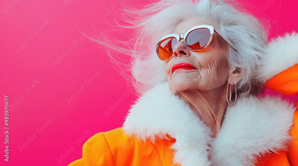 Older Woman With White Hair and Sunglasses, Wearing Orange and White Fur Older Woman With White Hair and Sunglasses, Wearing Orange and White Fur