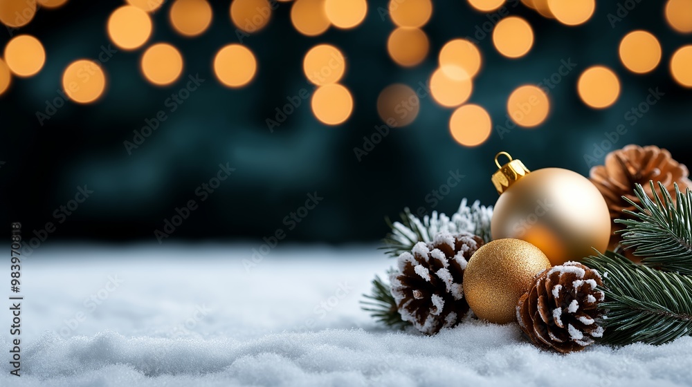 A Christmas tree ornament sits on a snowy ground. The ornament is surrounded by pine cones and other ornaments. The scene is festive and joyful, with the snow adding a sense of magic A Christmas tree ornament sits on a snowy ground. The ornament is surrounded by pine cones and other ornaments. The scene is festive and joyful, with the snow adding a sense of magic