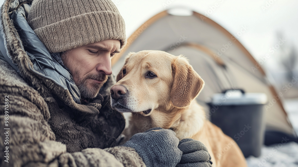 close-up of a homeless person and their dog sitting outside a temporary shelter or tent. The person is wearing a beanie and gloves, and their dog is snuggled up next to them. The b close-up of a homeless person and their dog sitting outside a temporary shelter or tent. The person is wearing a beanie and gloves, and their dog is snuggled up next to them. The b