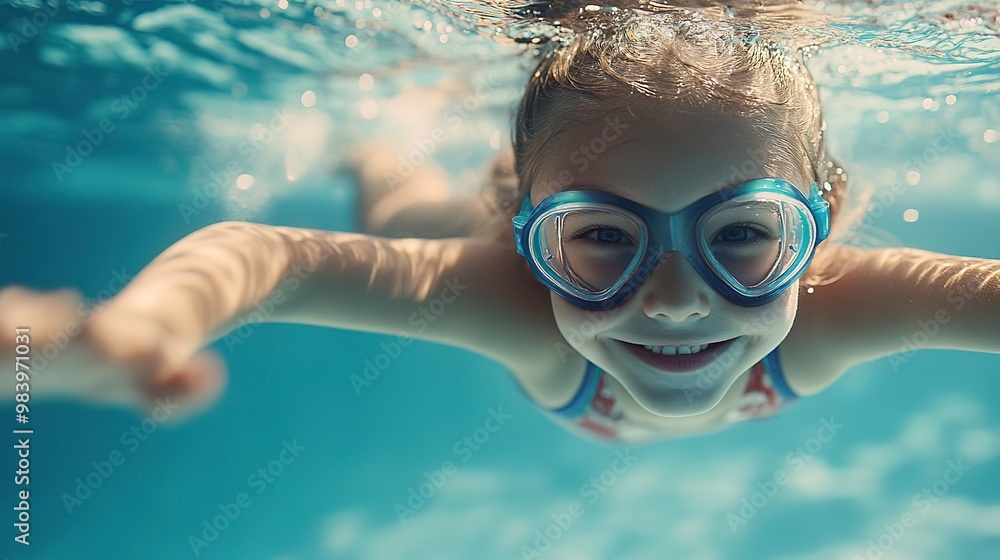 Naklejka premium cheerful young girl enjoys swimming and diving underwater in pool. child engaged in swimming lessons during summer vacation 