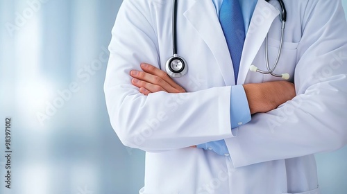 A doctor is wearing a white coat and a blue tie. He is standing with his arms crossed