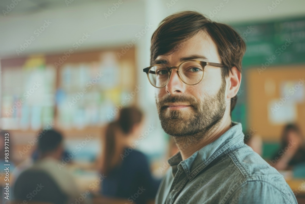 Smiling man wearing glasses and a casual shirt, sitting at a desk with students in the background of an educational setting. Smiling man wearing glasses and a casual shirt, sitting at a desk with students in the background of an educational setting.