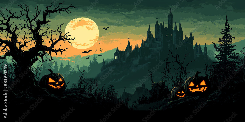 Barren trees and eerie castle with Jack o Lanterns Barren trees and eerie castle with Jack o Lanterns