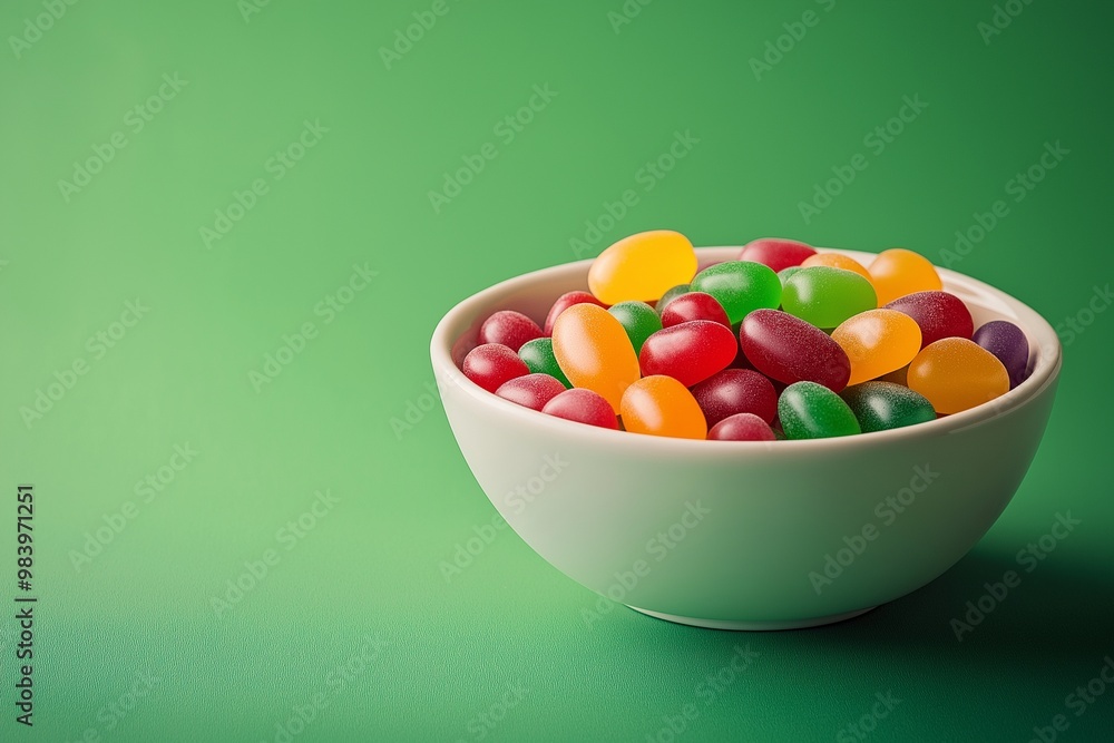 A bowl of colorful jelly beans against a green background A bowl of colorful jelly beans against a green background