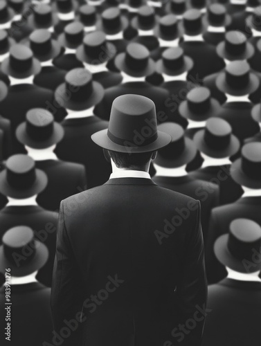 A man stands apart from a crowd dressed identically. photo