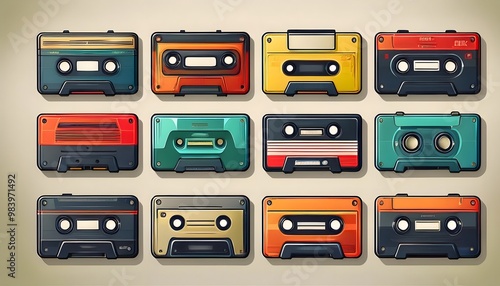 Retro cassette tapes, CDs, and VHS icons