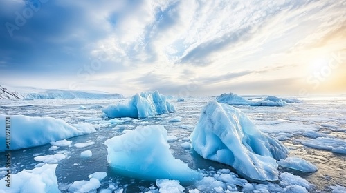 Glacial meltwater cascading dramatically from a calving iceberg, showcasing massive ice chunks and a serene polar landscape. This breathtaking view captures the beauty and power of nature