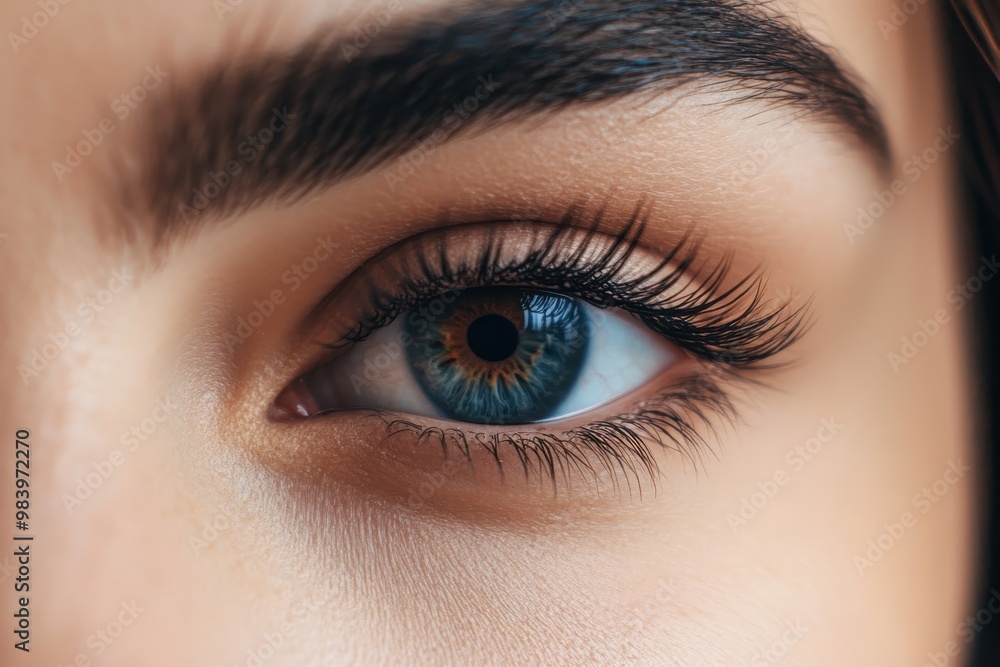 A detailed close-up of a woman's eye, showcasing long lashes and perfectly shaped A detailed close-up of a woman's eye, showcasing long lashes and perfectly shaped