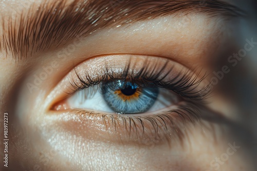 A detailed close-up of a woman's eye, showcasing long lashes and perfectly shaped