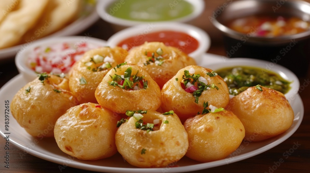 A selection of samosas with sauces in small bowls, ready to eat. A selection of samosas with sauces in small bowls, ready to eat.