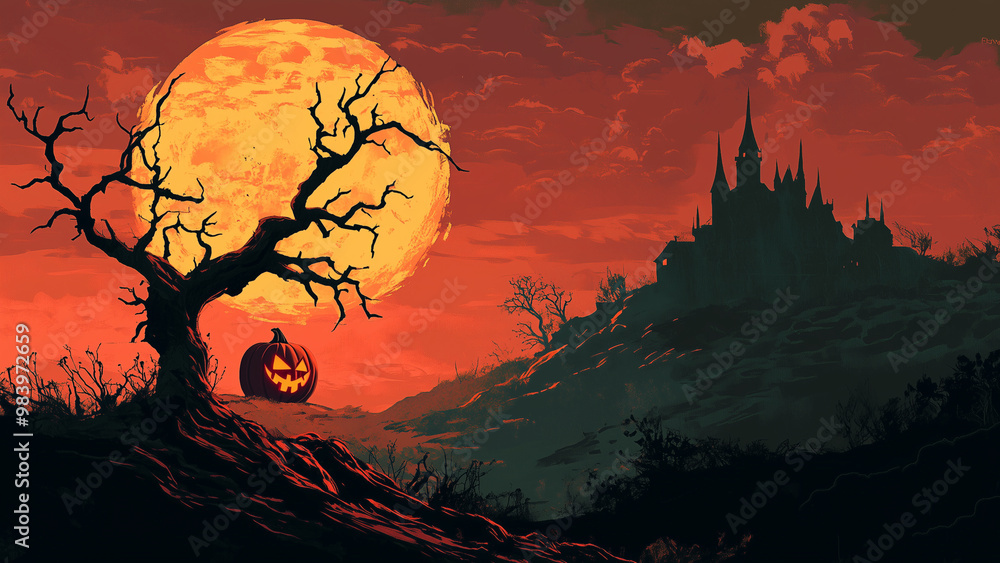 Spooky castle on a hill with Jack o Lantern and leafless trees Spooky castle on a hill with Jack o Lantern and leafless trees