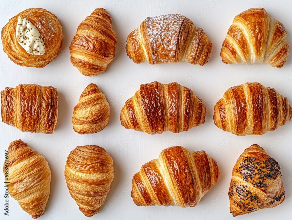 A variety of croissants with different fillings and toppings. A variety of croissants with different fillings and toppings.