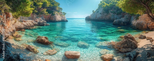 A serene sea bay with crystal-clear turquoise waters gently lapping against smooth stones. The sunlight glistens on the water surface, illuminating the rocky shoreline. Jagged rocks and pebbles