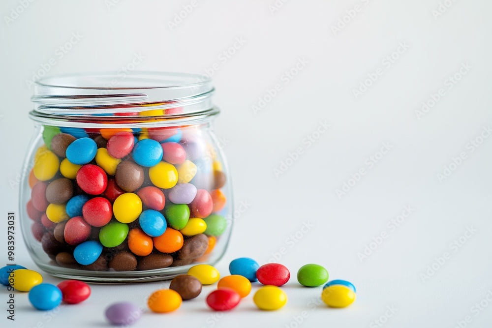A glass jar of colorful gumball candies on isolated background A glass jar of colorful gumball candies on isolated background