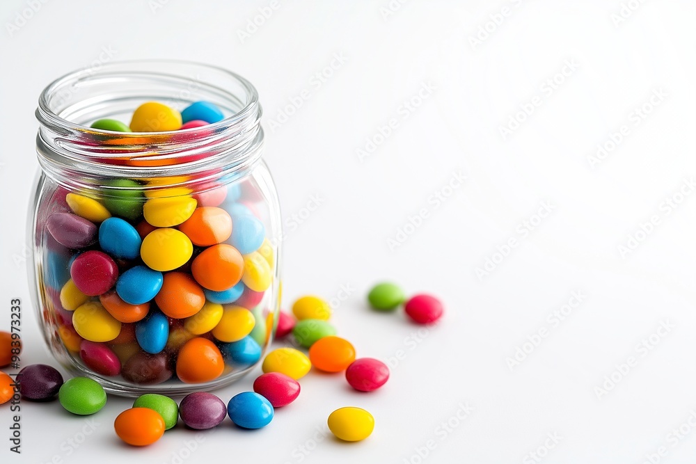 A glass jar of colorful gumball candies on isolated background A glass jar of colorful gumball candies on isolated background