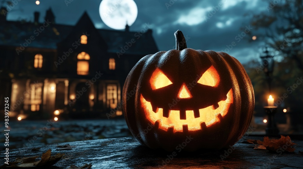 Halloween pumpkin with candlelight in front of a haunted house background, Halloween pumpkin with candlelight in front of a haunted house background,
