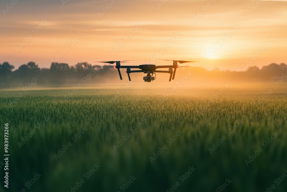 A drone hovering over a lush green field, spraying crops with precision