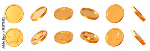 3D set realistic golden coins and coins with star with different angles. Symbol of gold and wealth. Stock vector illustration on isolated background.
