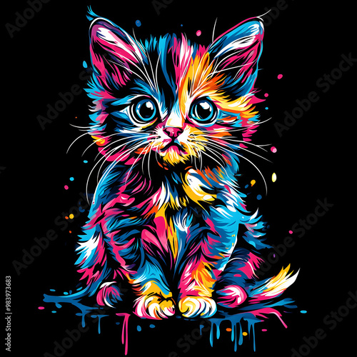 Adorable Kitten in Bright Pop Art Style with Bold, Vibrant Colors on Black Background, Perfect for Modern Pet Lovers and Artistic Prints