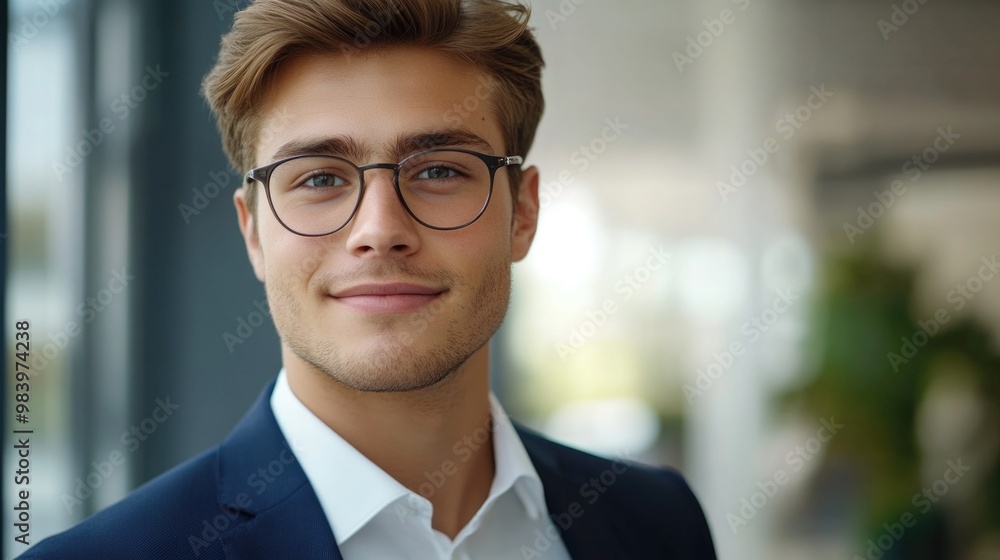 A young, confident man wearing glasses and a smart suit, with a modern haircut. A young, confident man wearing glasses and a smart suit, with a modern haircut.